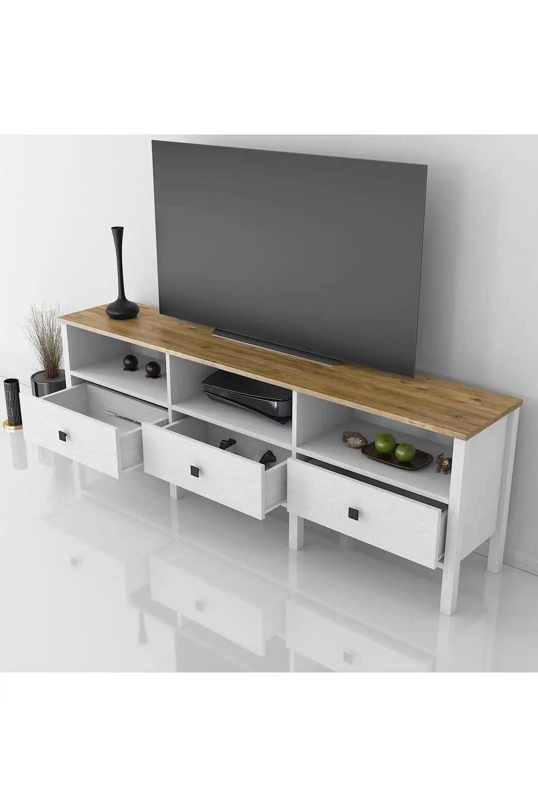 Venezia 3 Çekmece 3 Bölmeli Ahşap Ayaklı Tv 150 Cm Tv Ünitesi - Minifiksli -Atlantik çam /Wood Beyaz